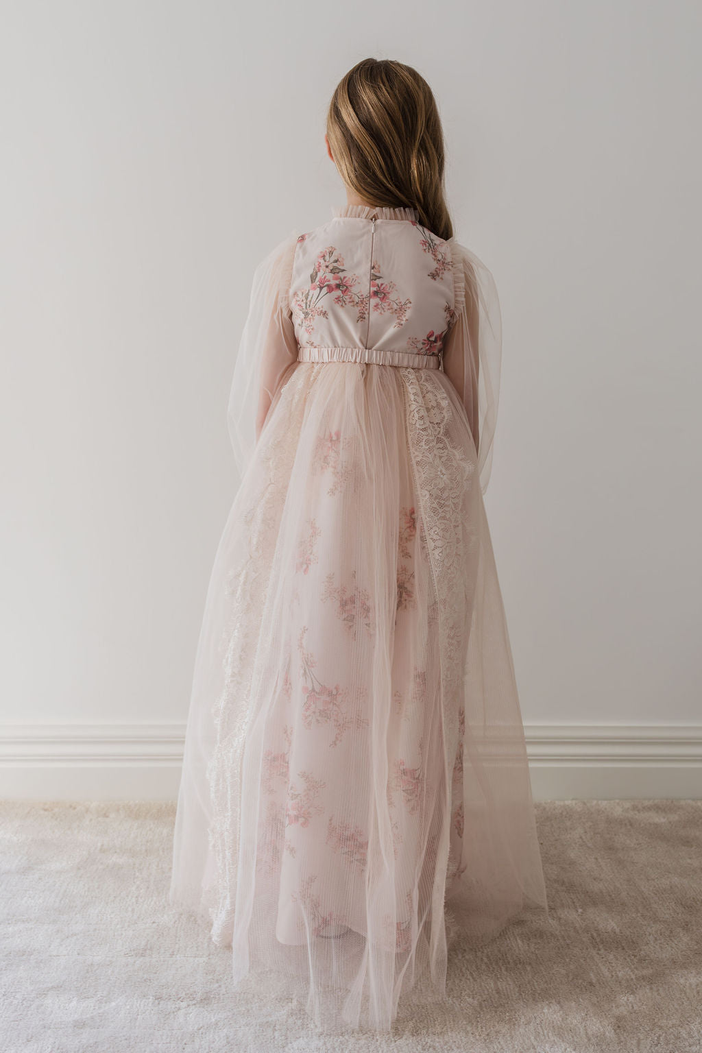 Long Sleeve Blush Orchid Tulle Gown