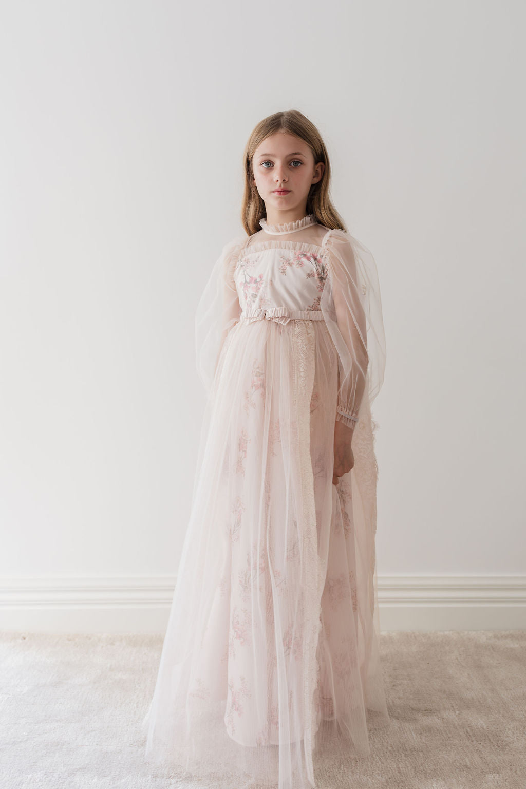 Long Sleeve Blush Orchid Tulle Gown