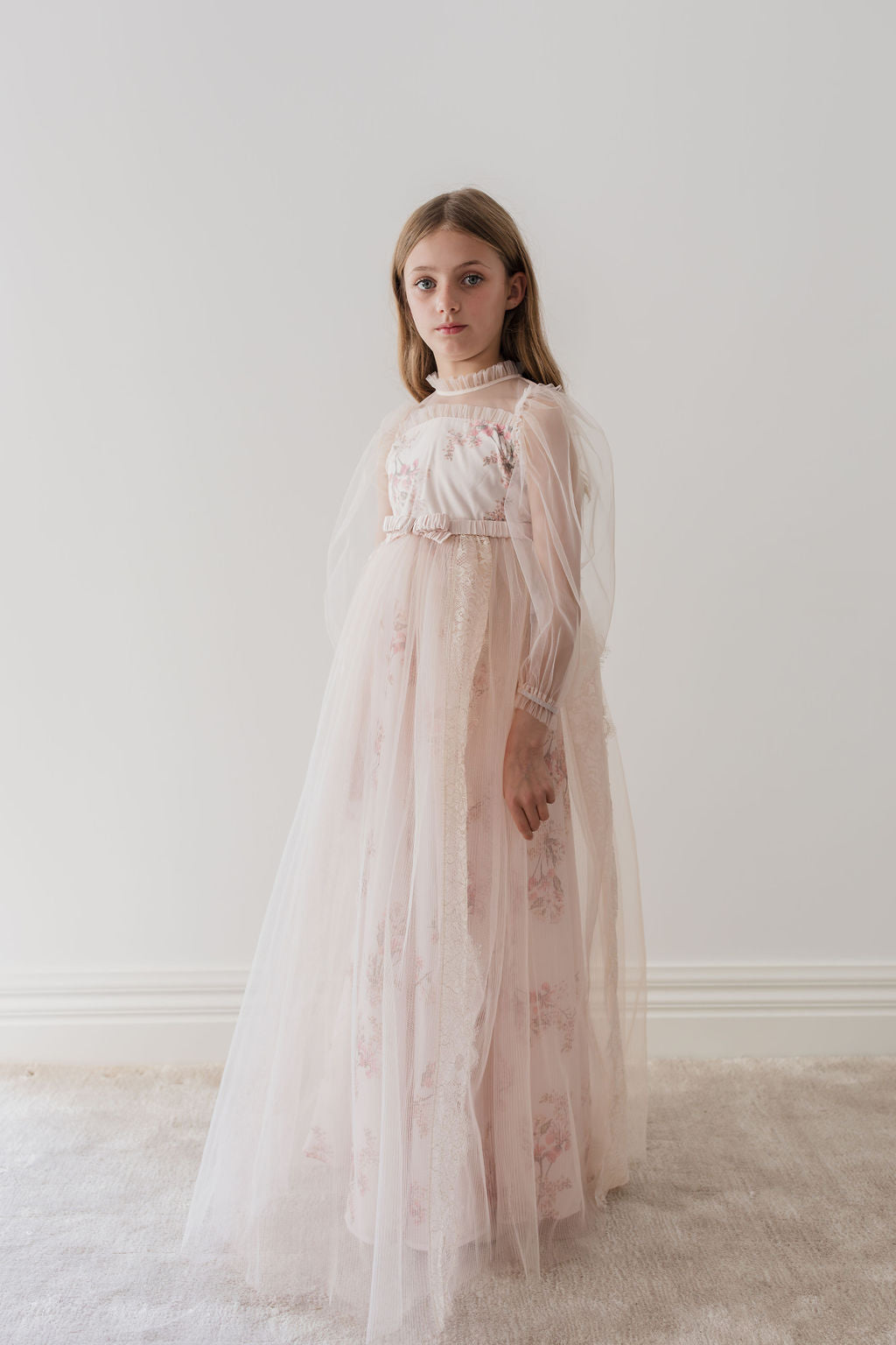 Long Sleeve Blush Orchid Tulle Gown