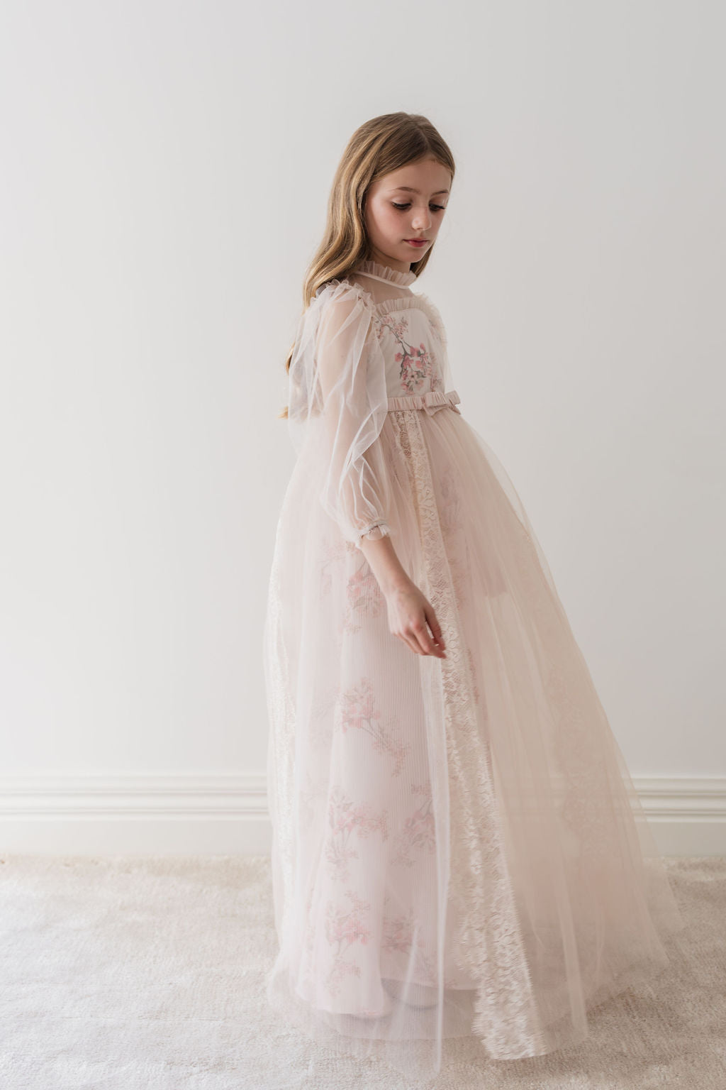Long Sleeve Blush Orchid Tulle Gown