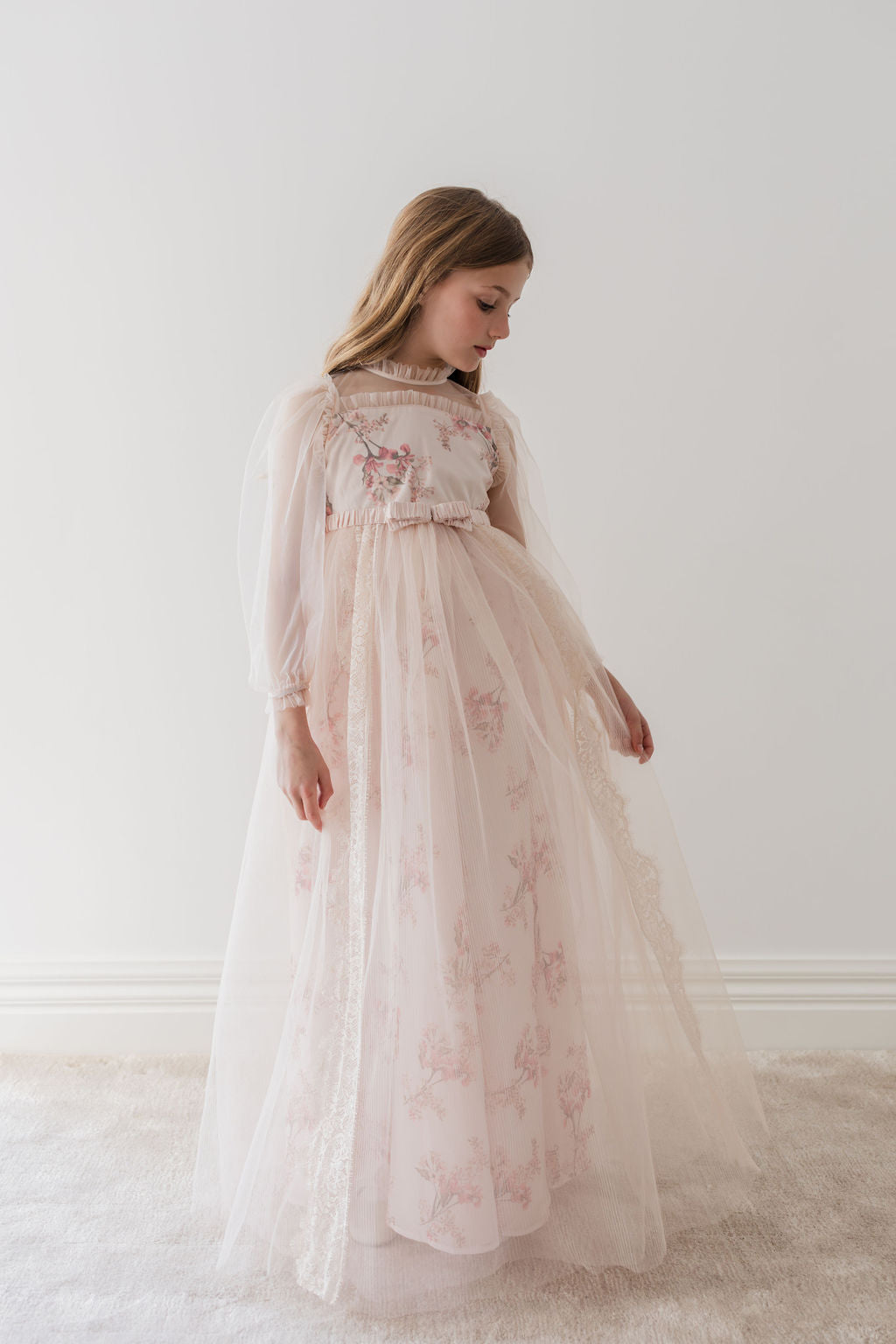 Long Sleeve Blush Orchid Tulle Gown