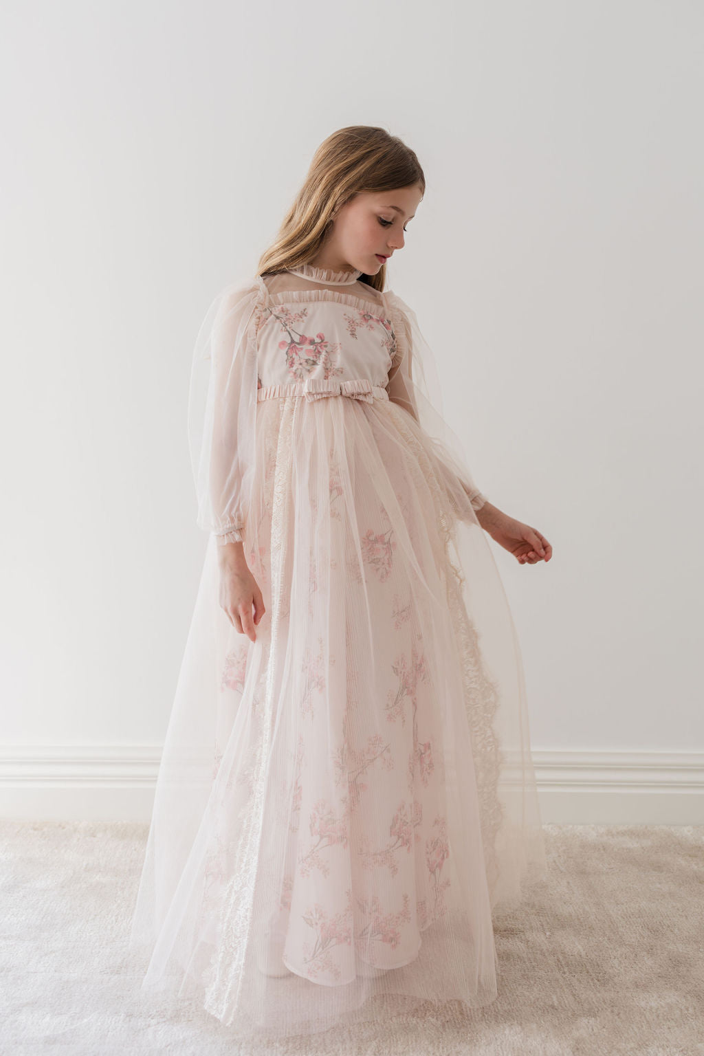 Long Sleeve Blush Orchid Tulle Gown