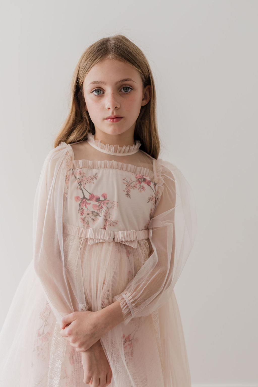 Long Sleeve Blush Orchid Tulle Gown