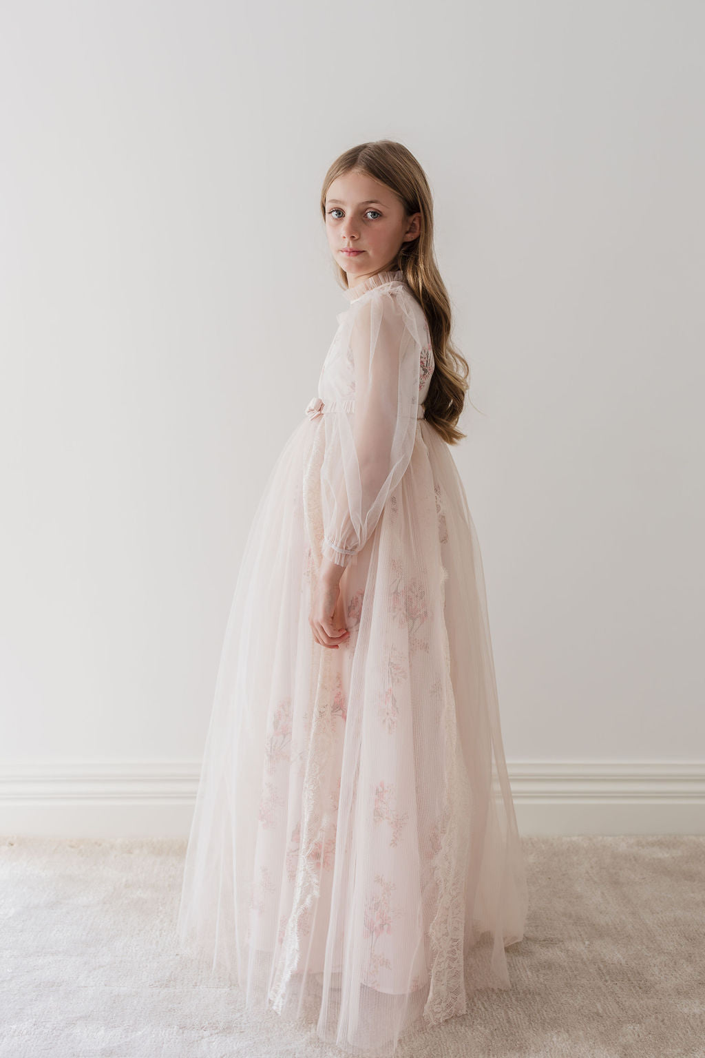 Long Sleeve Blush Orchid Tulle Gown