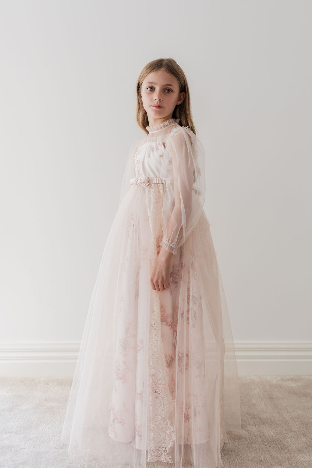 Long Sleeve Blush Orchid Tulle Gown