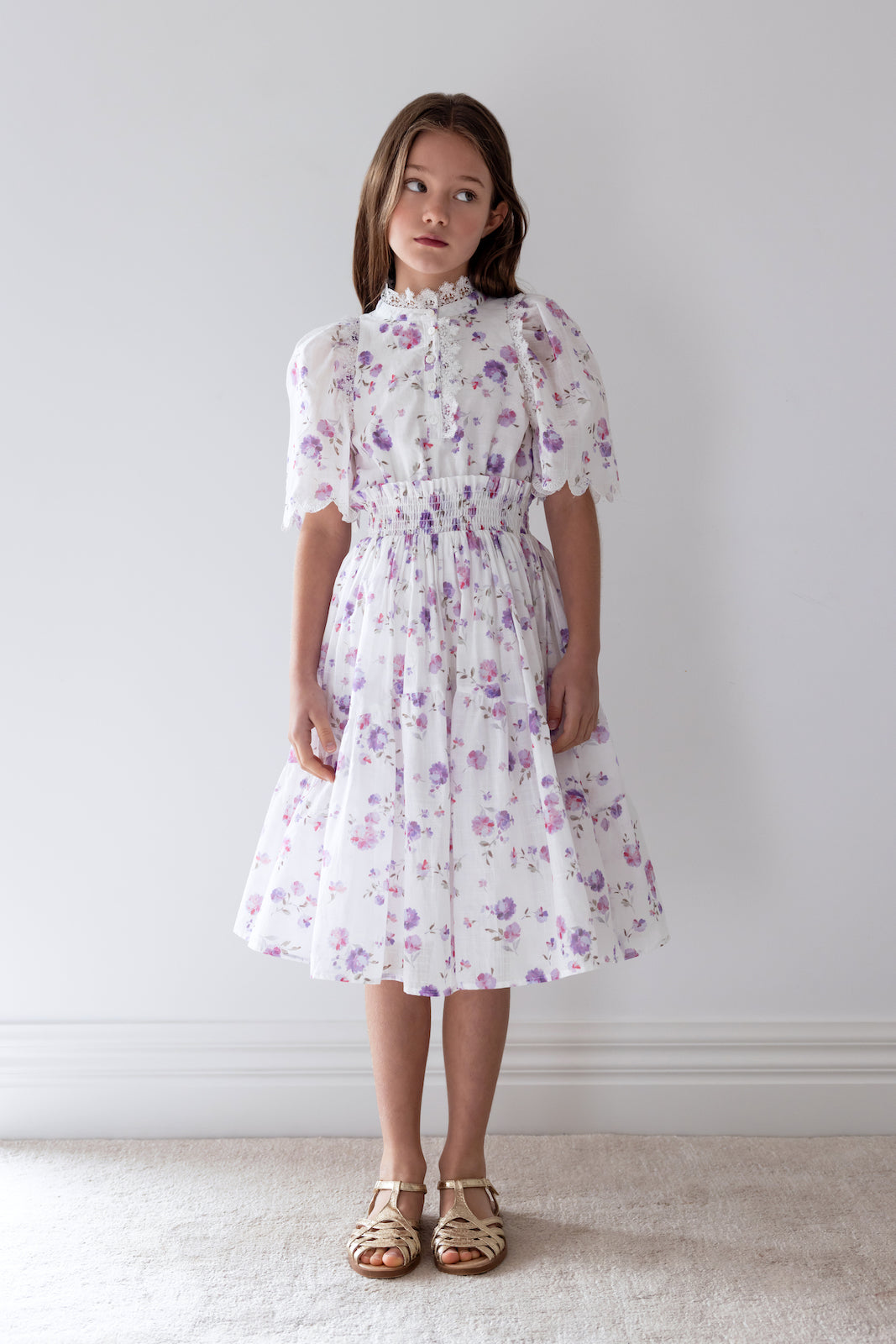 Lilac Floral Shirred Waist Dress