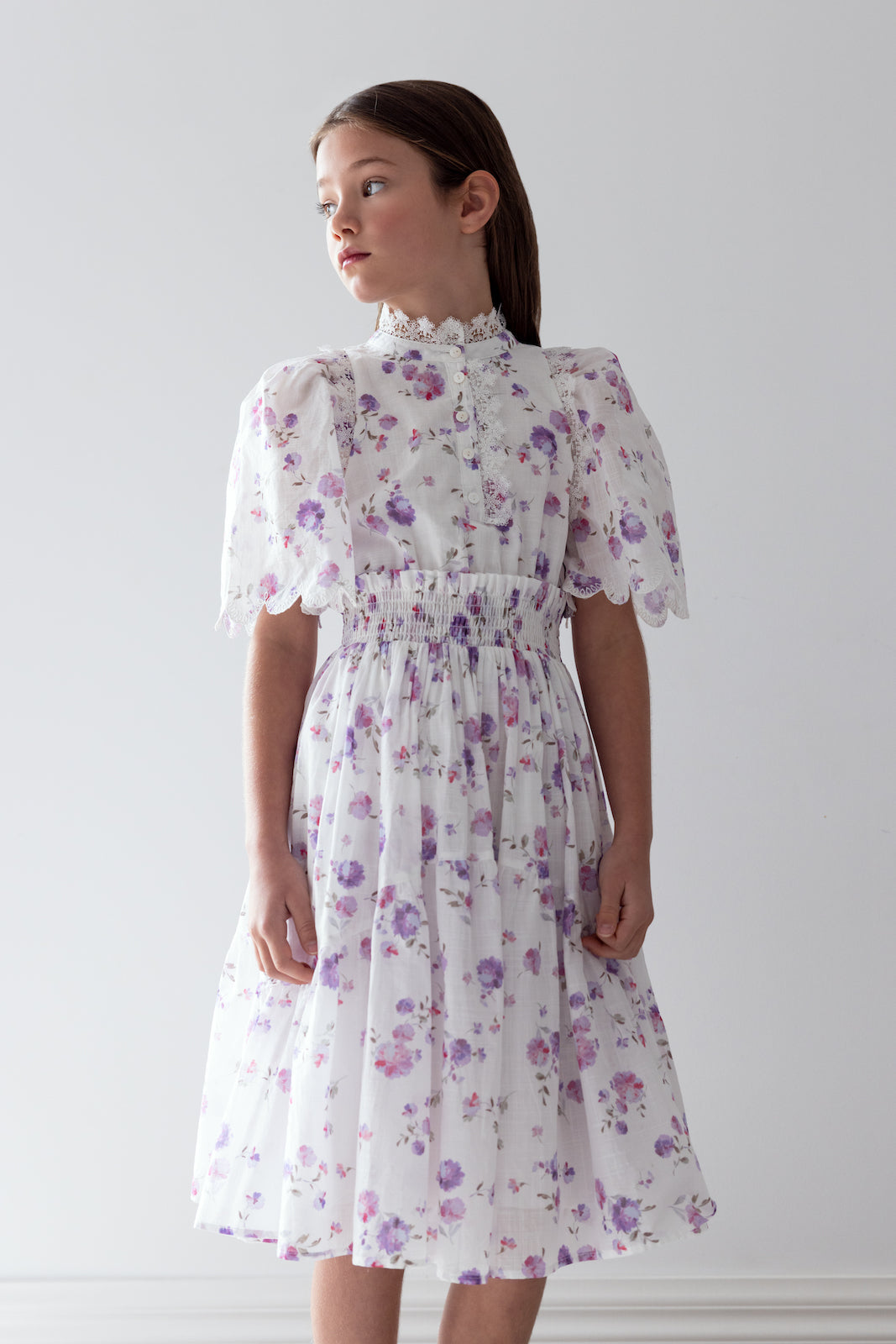 Lilac Floral Shirred Waist Dress