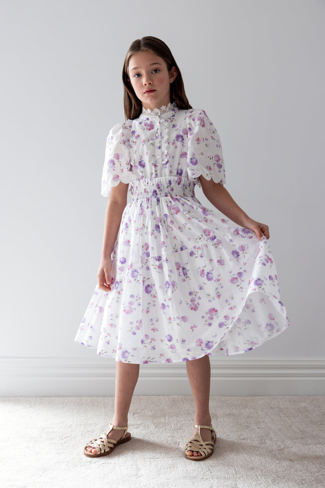 Lilac Floral Shirred Waist Dress