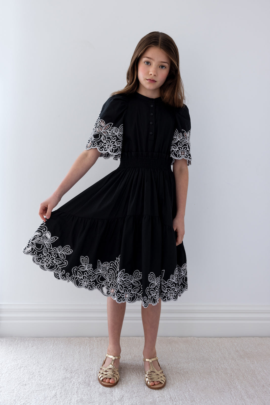 Black Embroidered Shirred Waist Dress