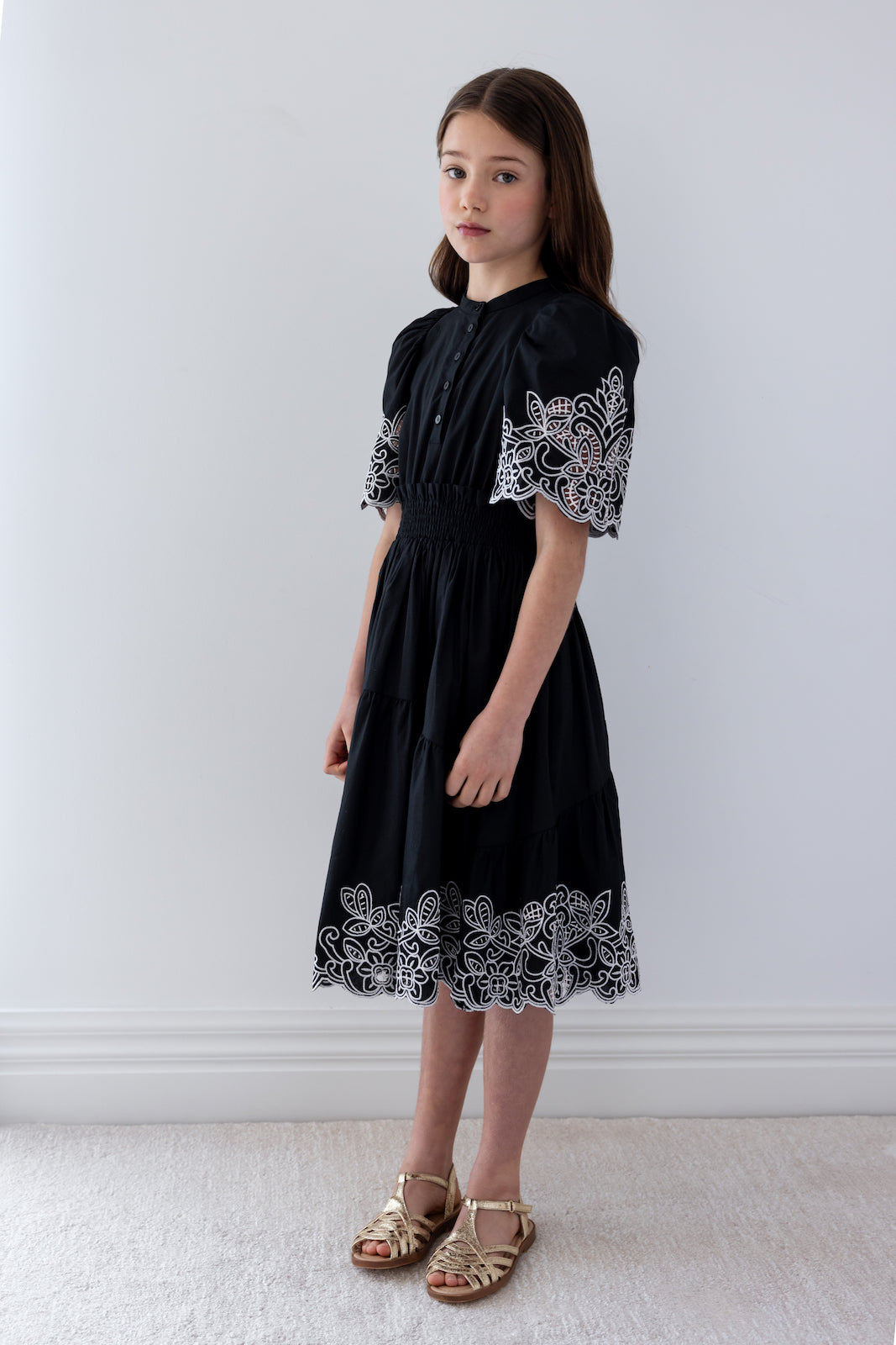 Black Embroidered Shirred Waist Dress