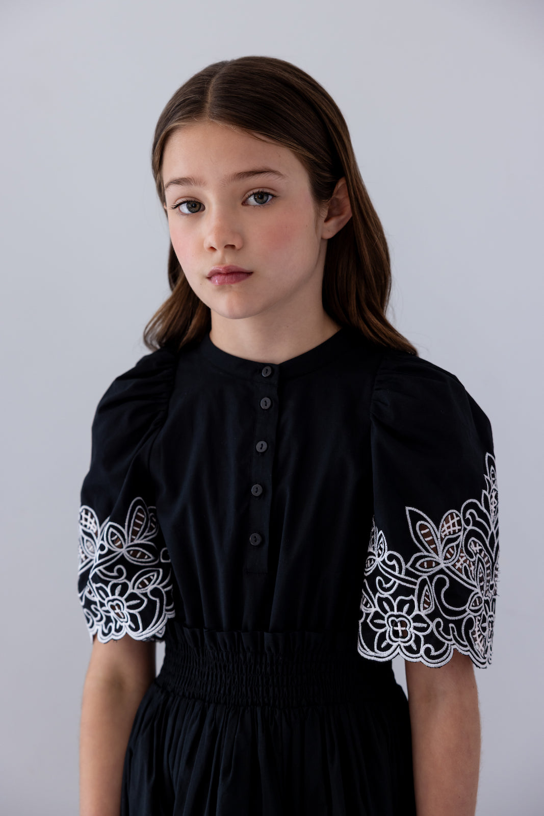 Black Embroidered Shirred Waist Dress
