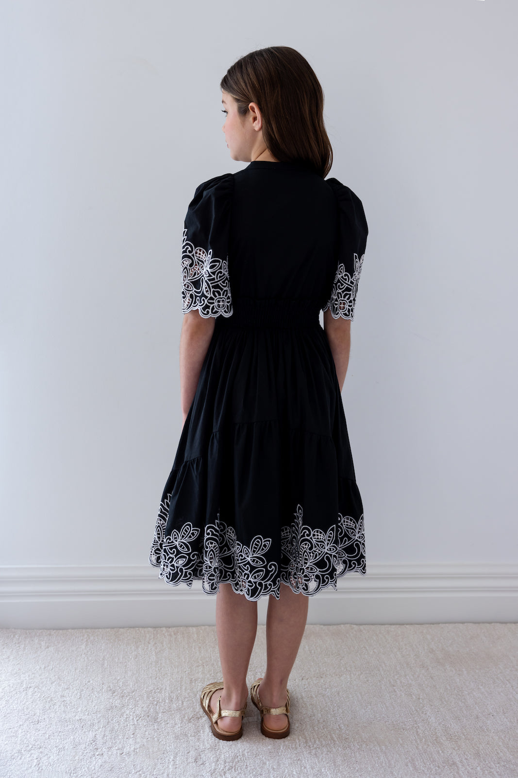 Black Embroidered Shirred Waist Dress