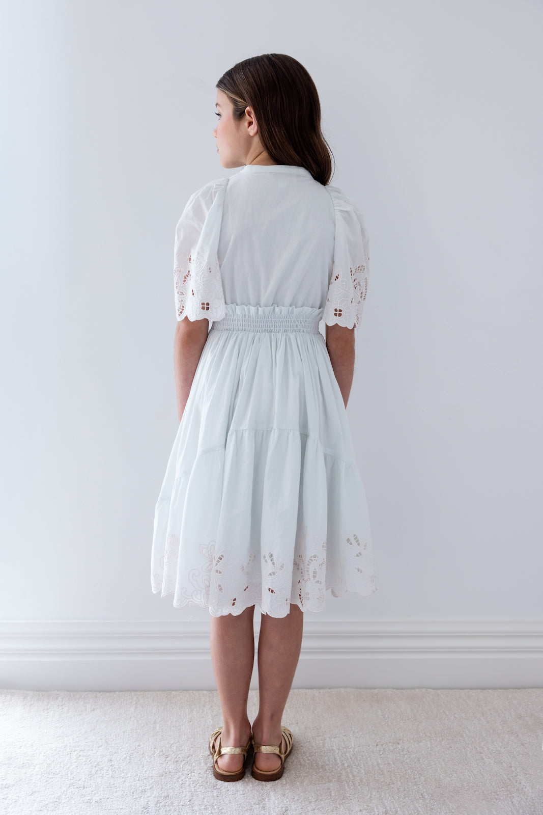 Blue Embroidered Shirred Waist Dress