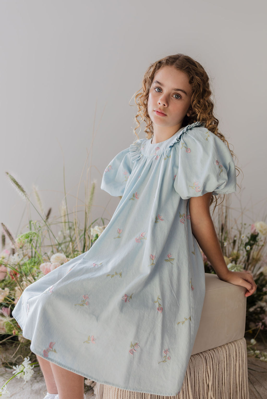Embroidered Chambray Babydoll Dress