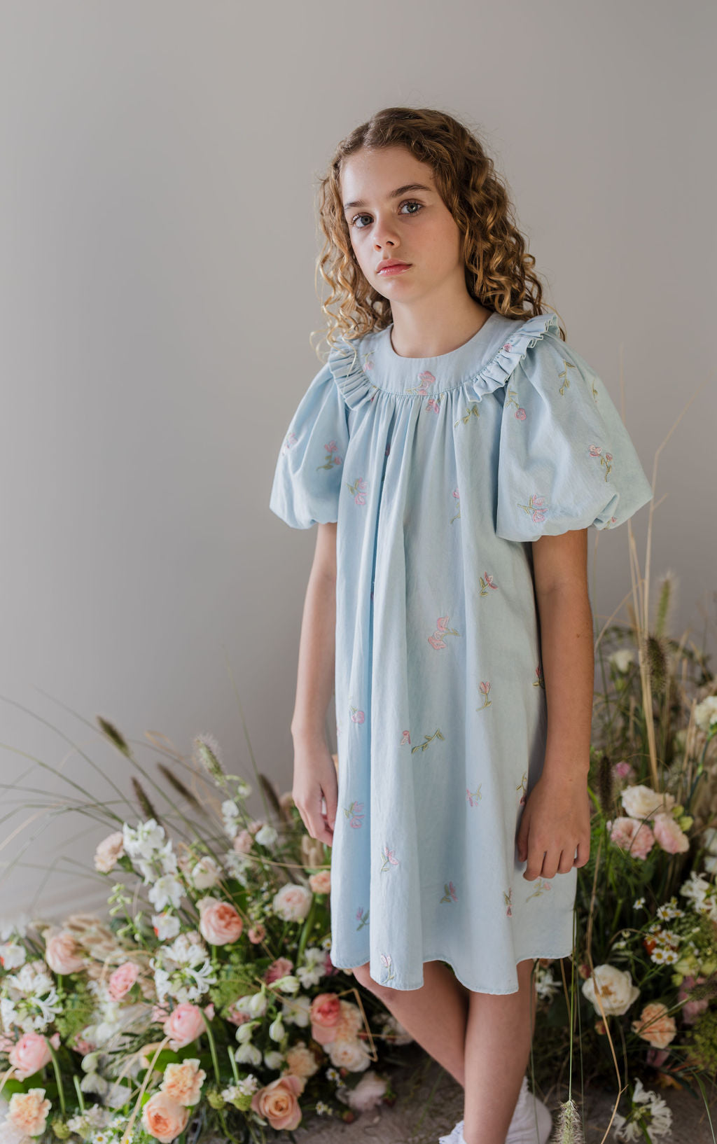Embroidered Chambray Babydoll Dress
