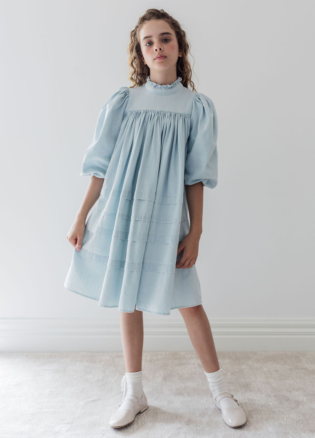 Pleat Detail Ribbon Trim Smock Dress