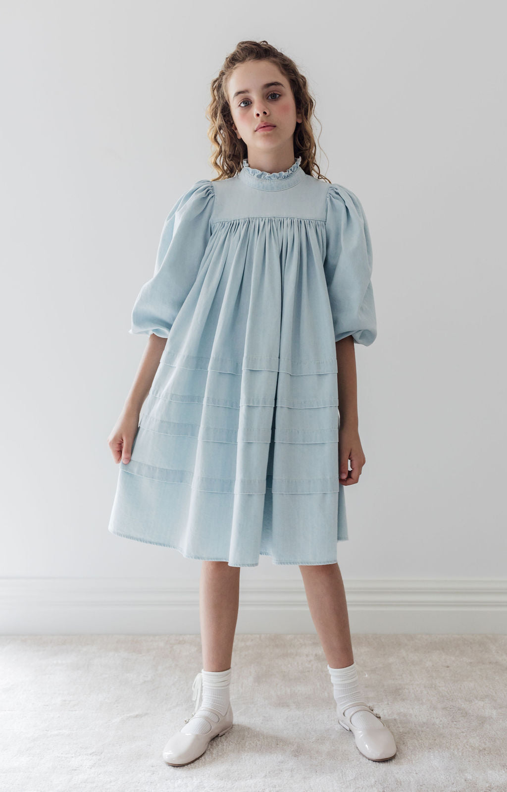 Pleat Detail Ribbon Trim Smock Dress