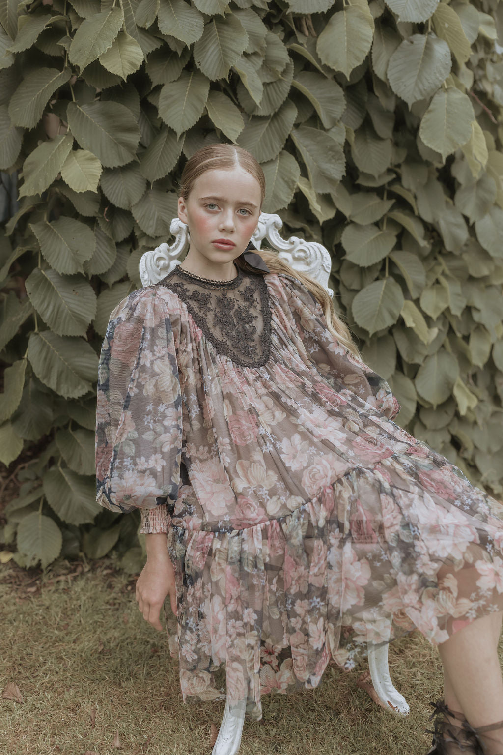 Vintage Yoke Tulle Smock Dress - Romantic Floral Print