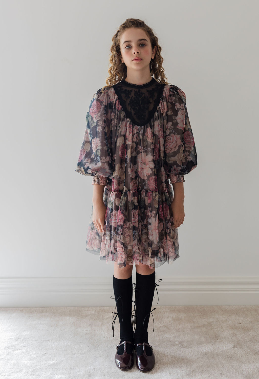 Vintage Yoke Tulle Smock Dress - Romantic Floral Print