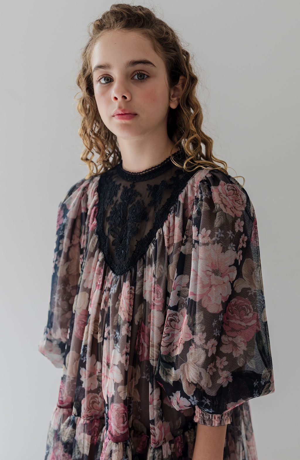 Vintage Yoke Tulle Smock Dress - Romantic Floral Print
