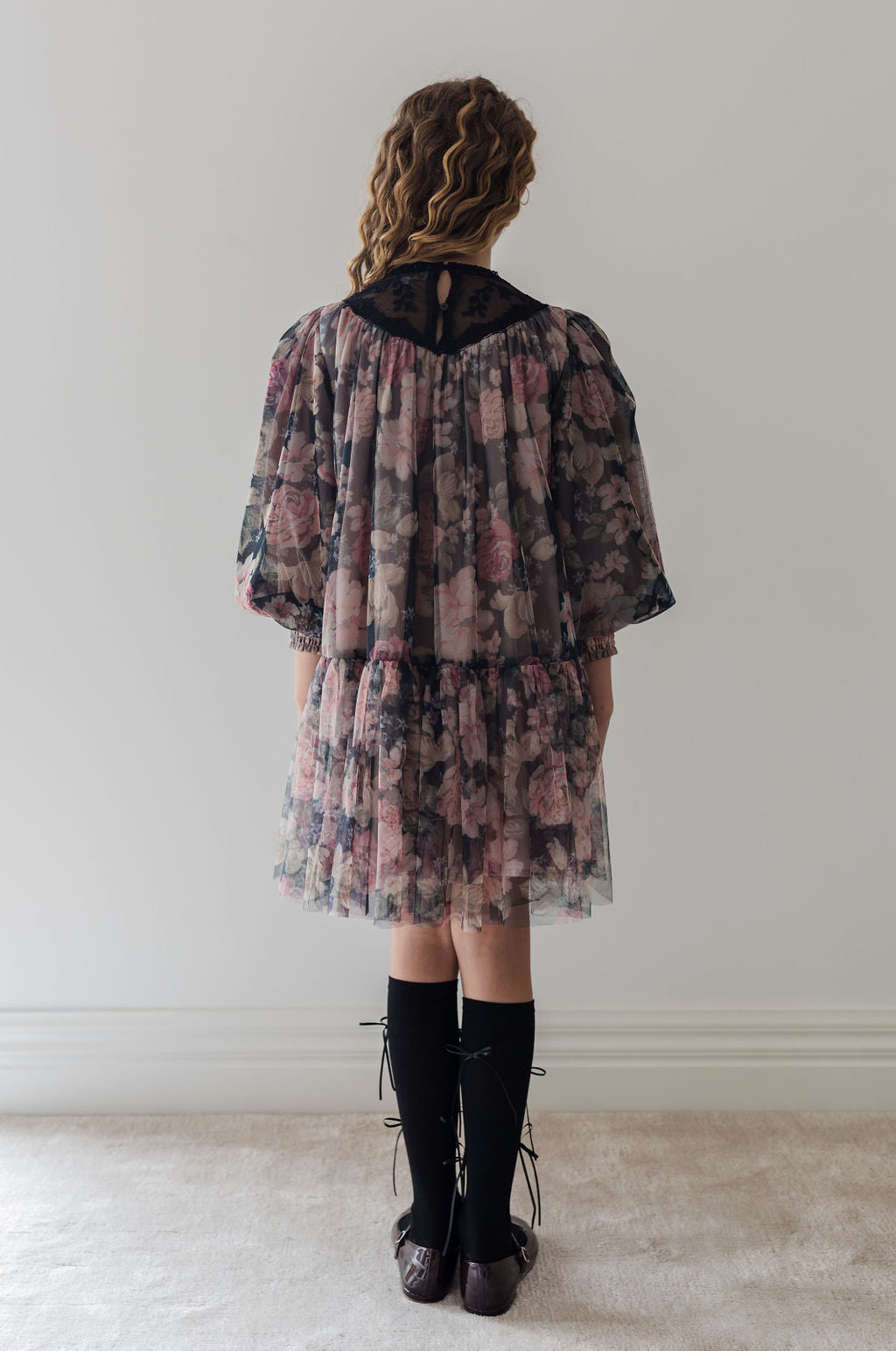 Vintage Yoke Tulle Smock Dress - Romantic Floral Print