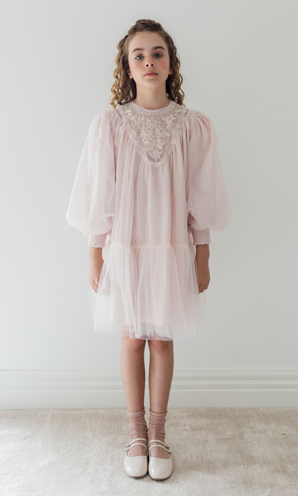 Vintage Yoke Tulle Smock Dress - Powder Pink