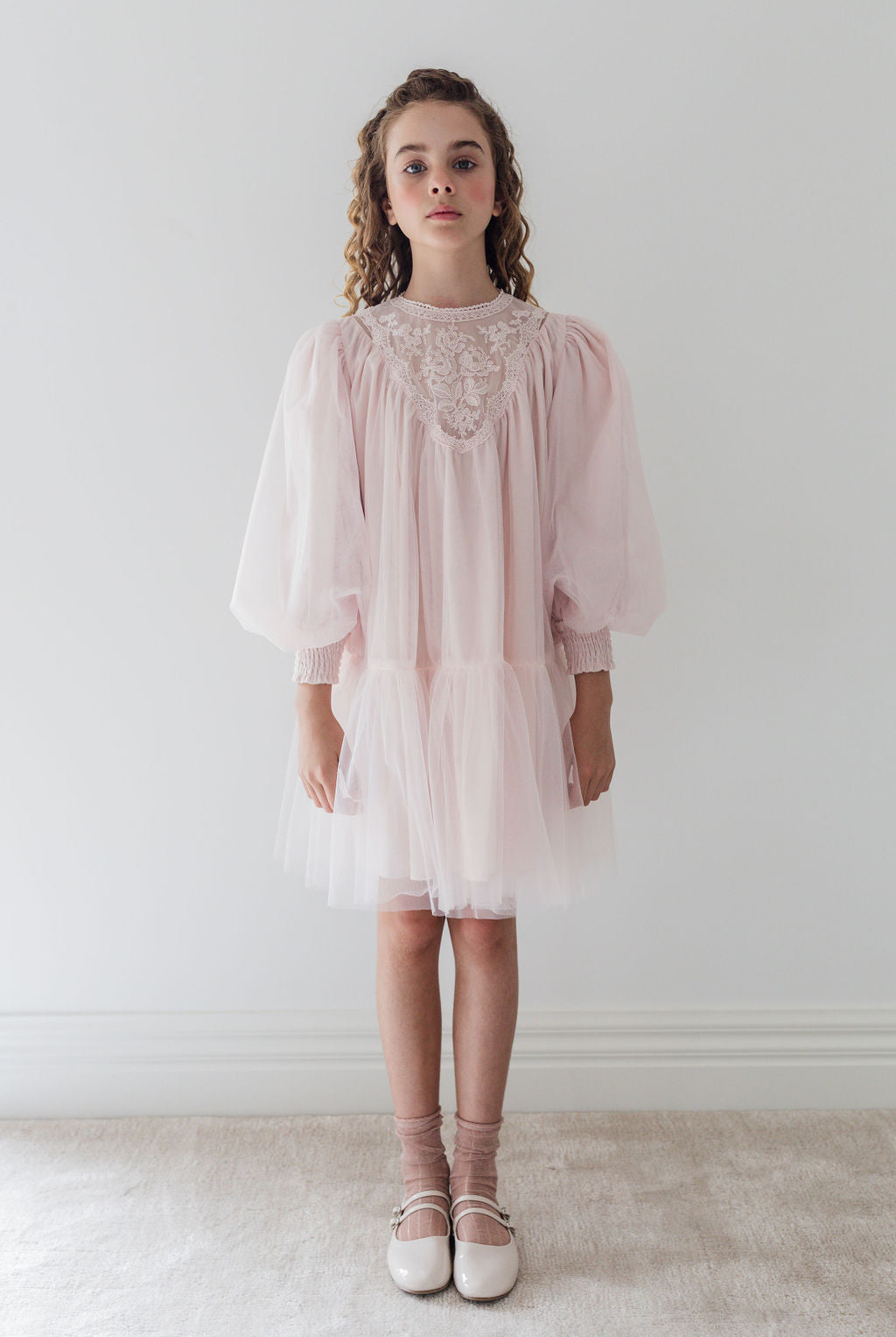 Vintage Yoke Tulle Smock Dress - Powder Pink