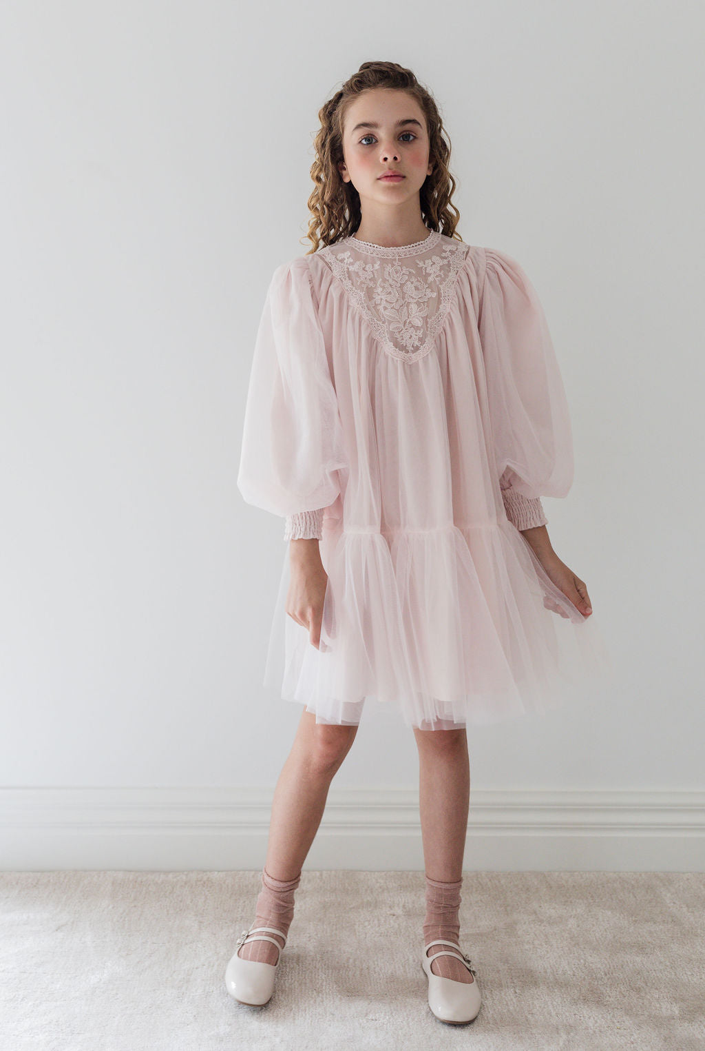 Vintage Yoke Tulle Smock Dress - Powder Pink