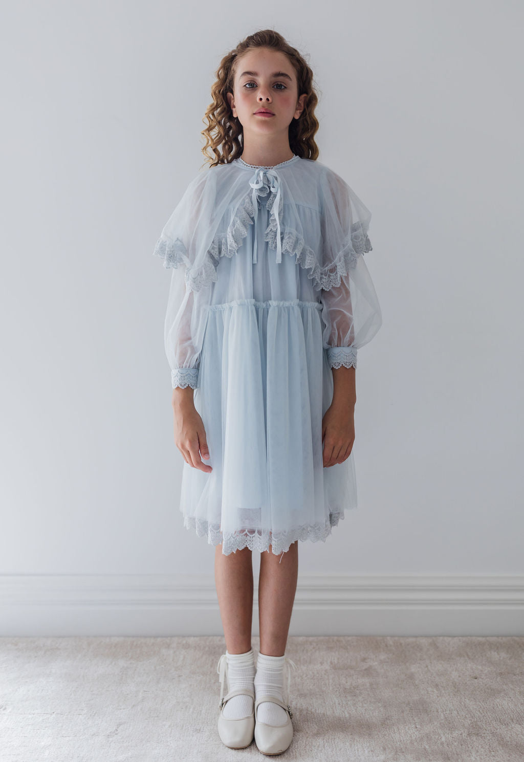 Tulle Dress With Lace Trimmed Cape