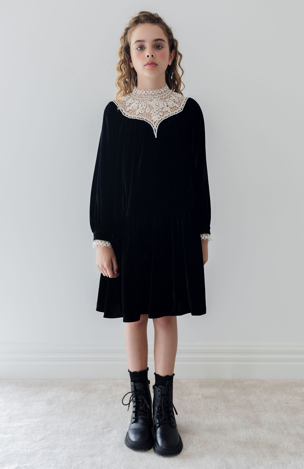 Lace Yoke Velvet Dress