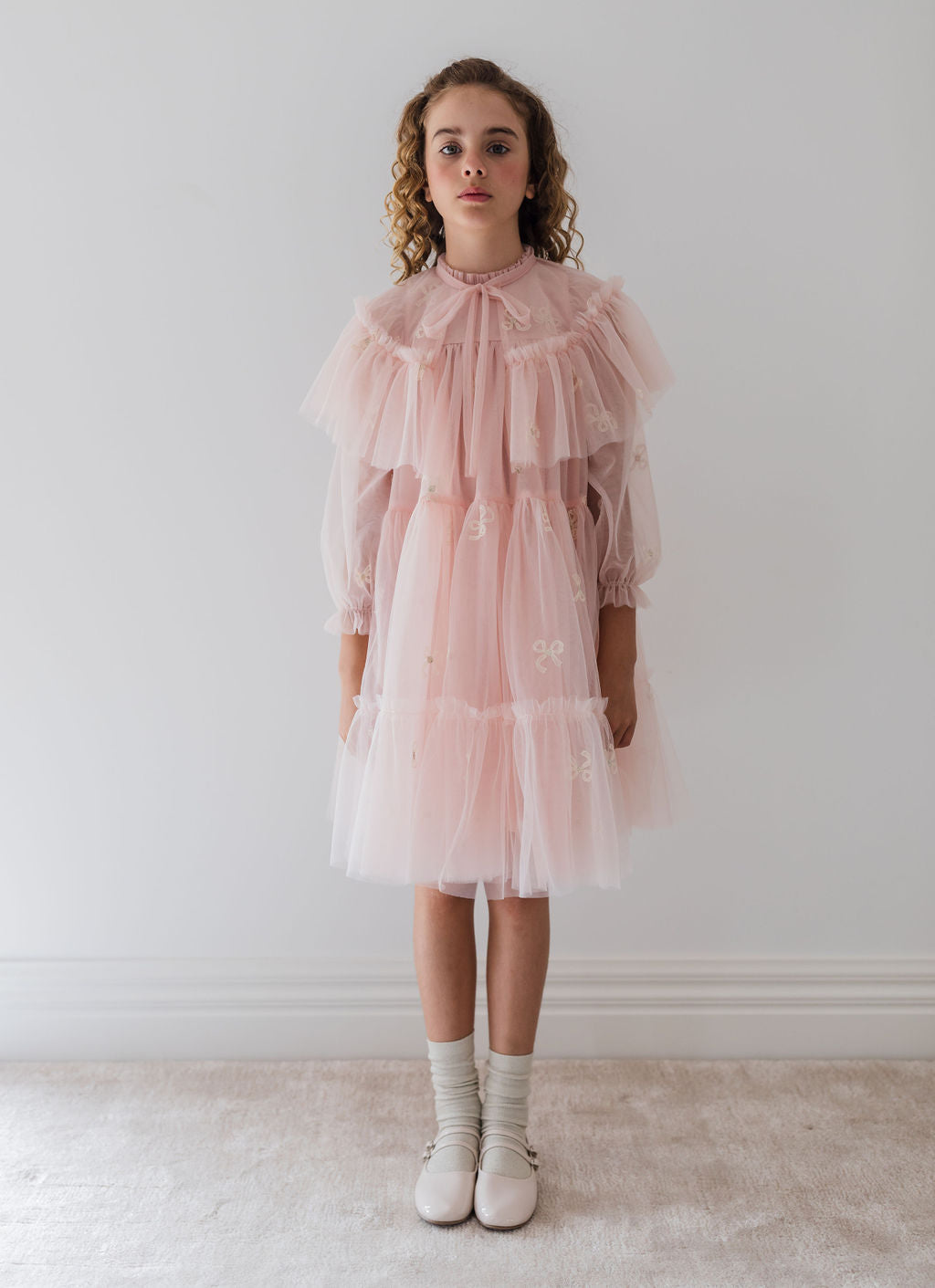 Embroidered Bow Tulle Cape Dress