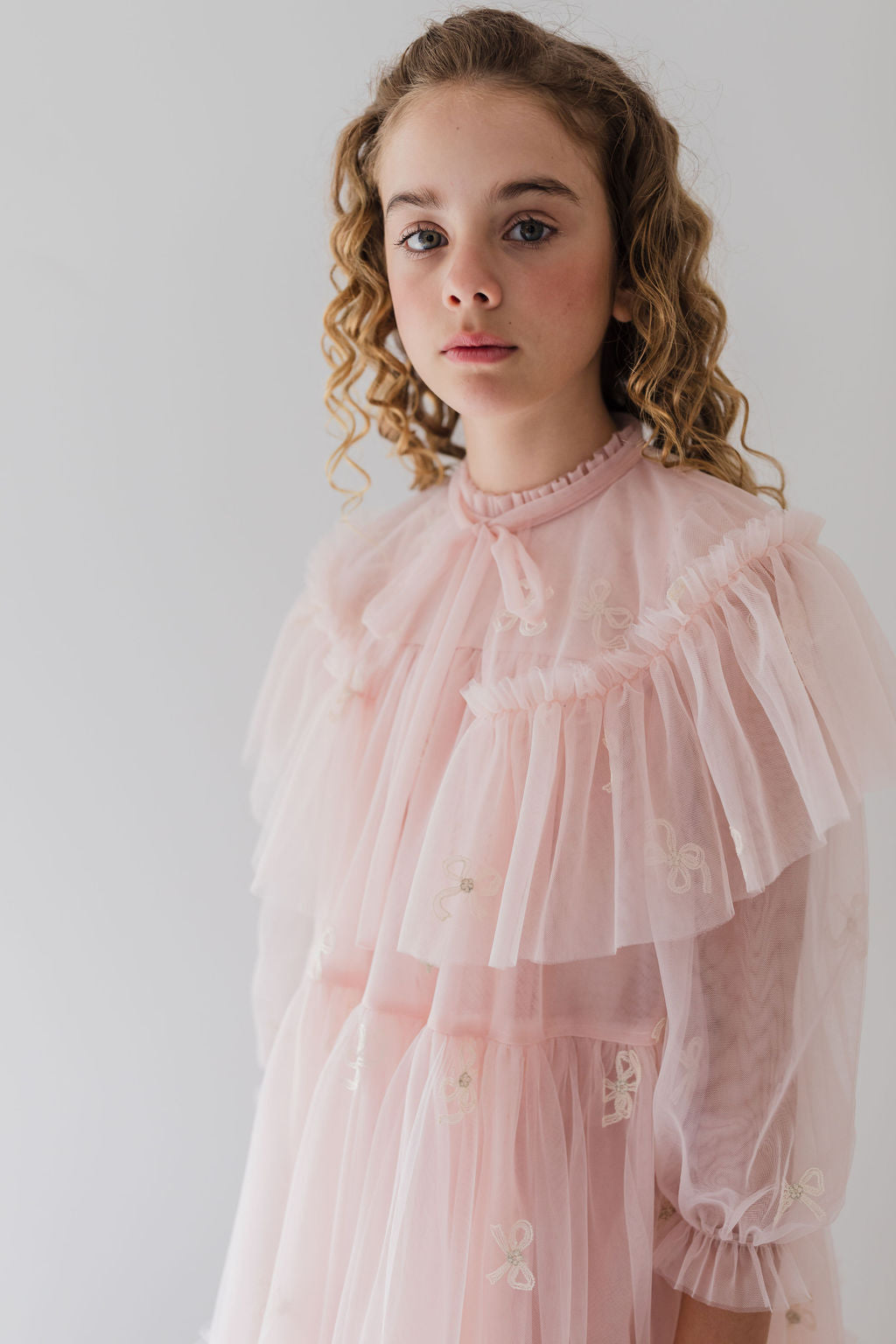 Embroidered Bow Tulle Cape Dress
