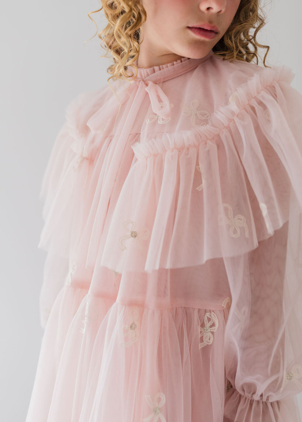 Embroidered Bow Tulle Cape Dress