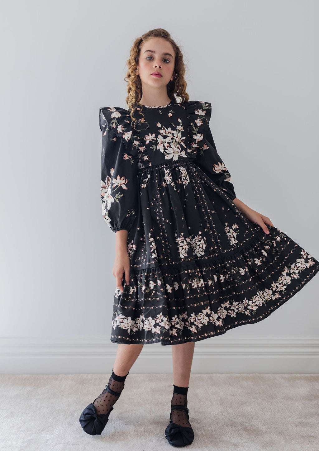 Black Border Print Poplin Dress