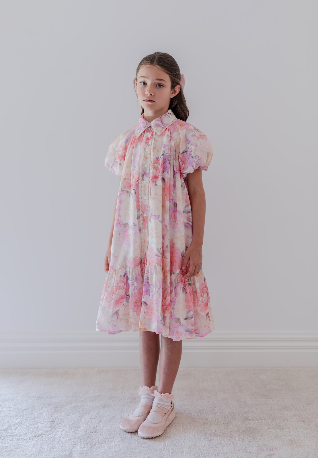 Short Sleeve Dahlia Print Shirt Dress