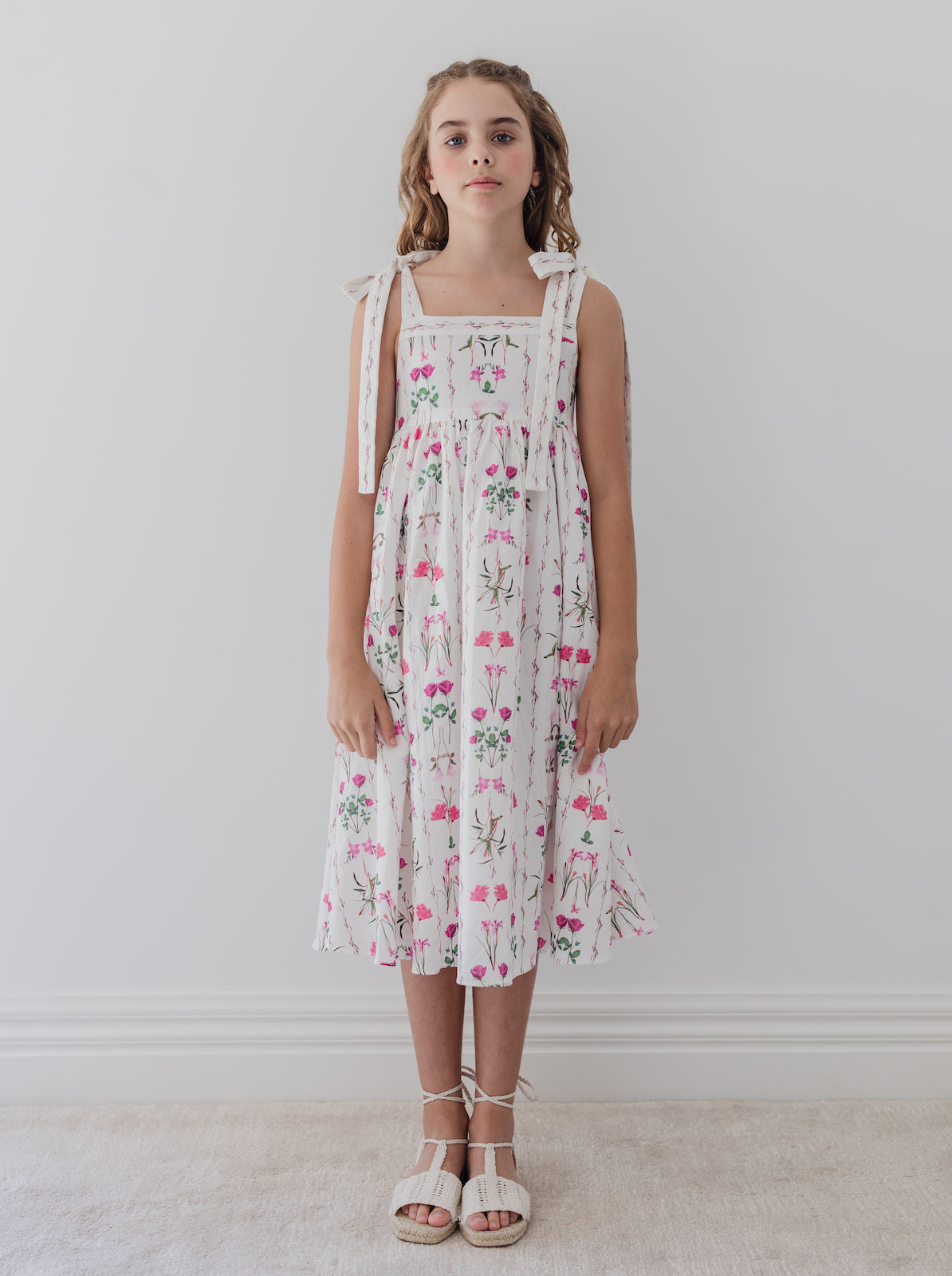 Magenta Flower Midi Dress with Tie Straps