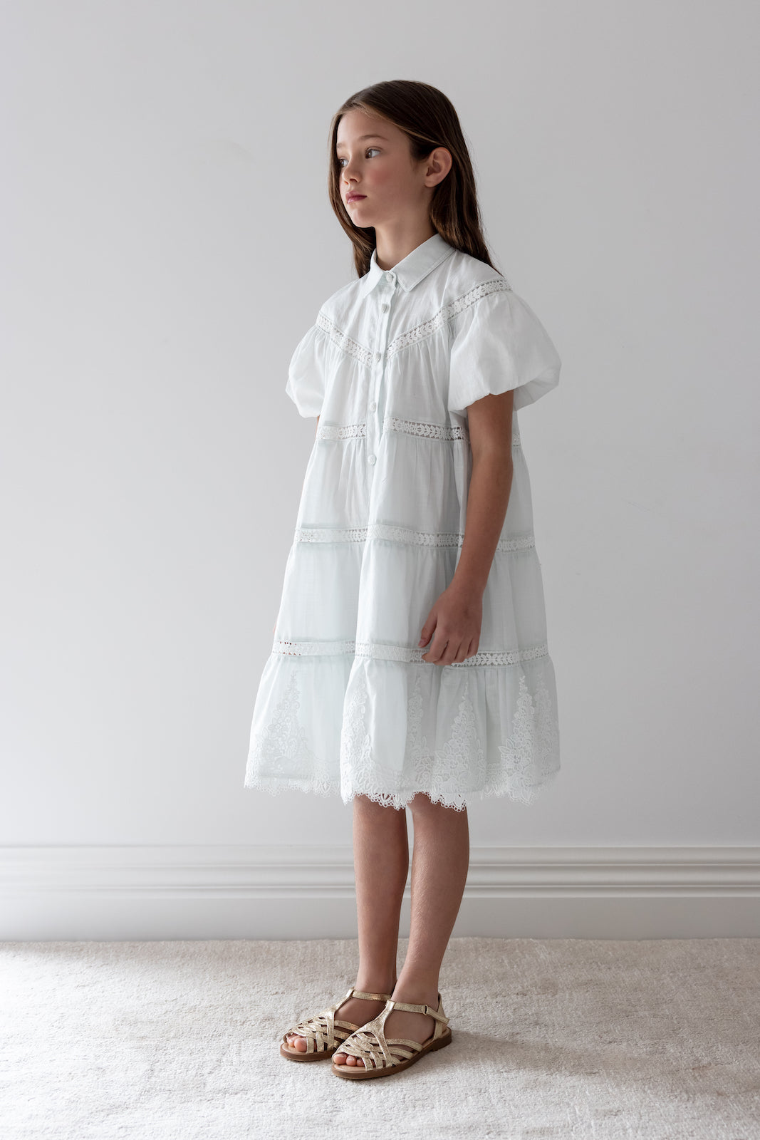 Short Sleeve Whisper Blue Lace Hem Shirt Dress