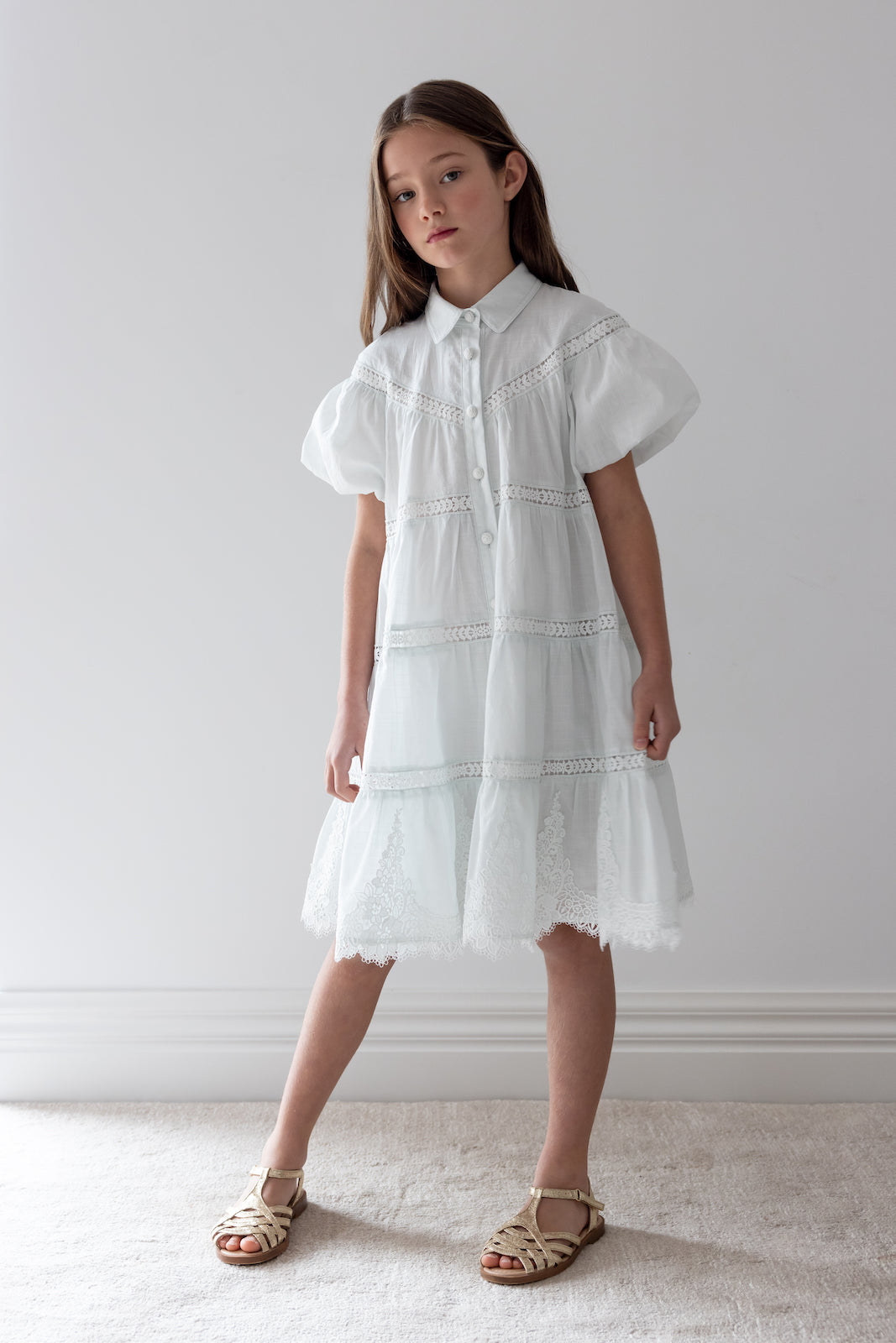 Short Sleeve Whisper Blue Lace Hem Shirt Dress