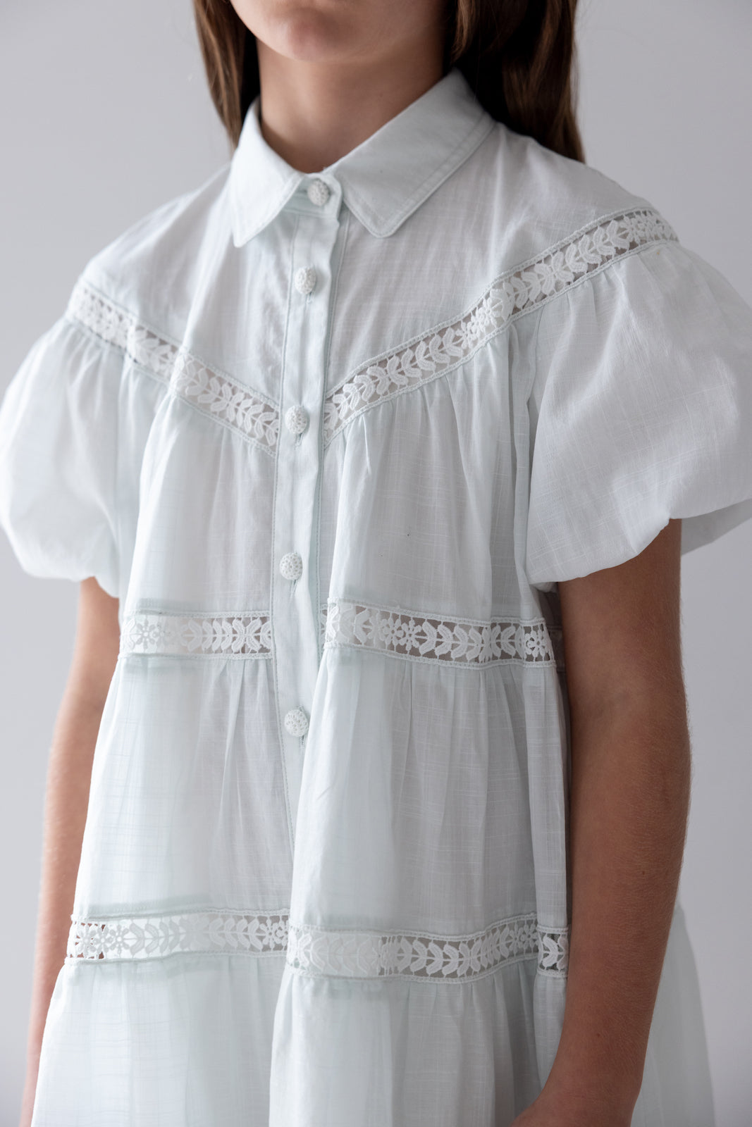 Short Sleeve Whisper Blue Lace Hem Shirt Dress