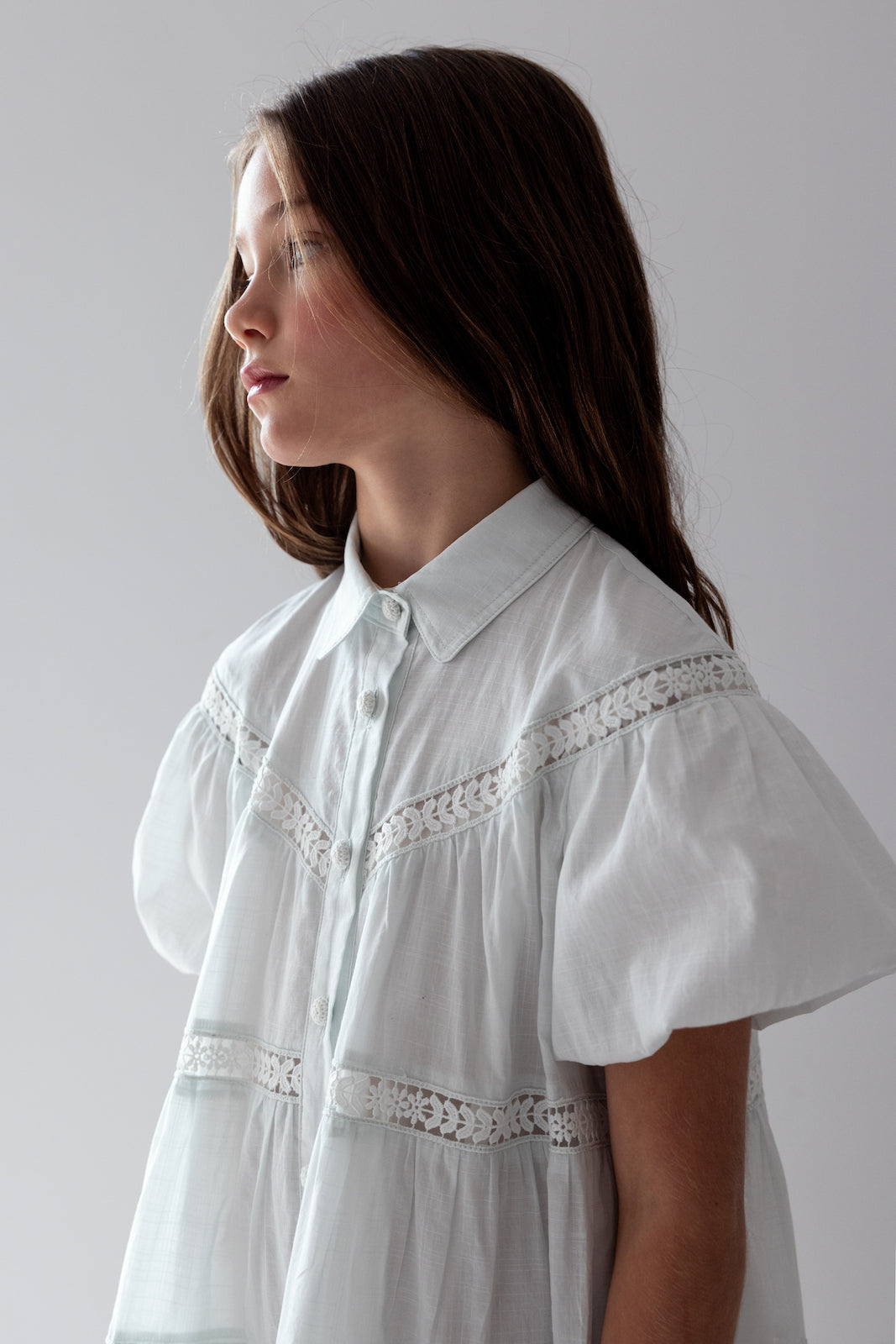 Short Sleeve Whisper Blue Lace Hem Shirt Dress