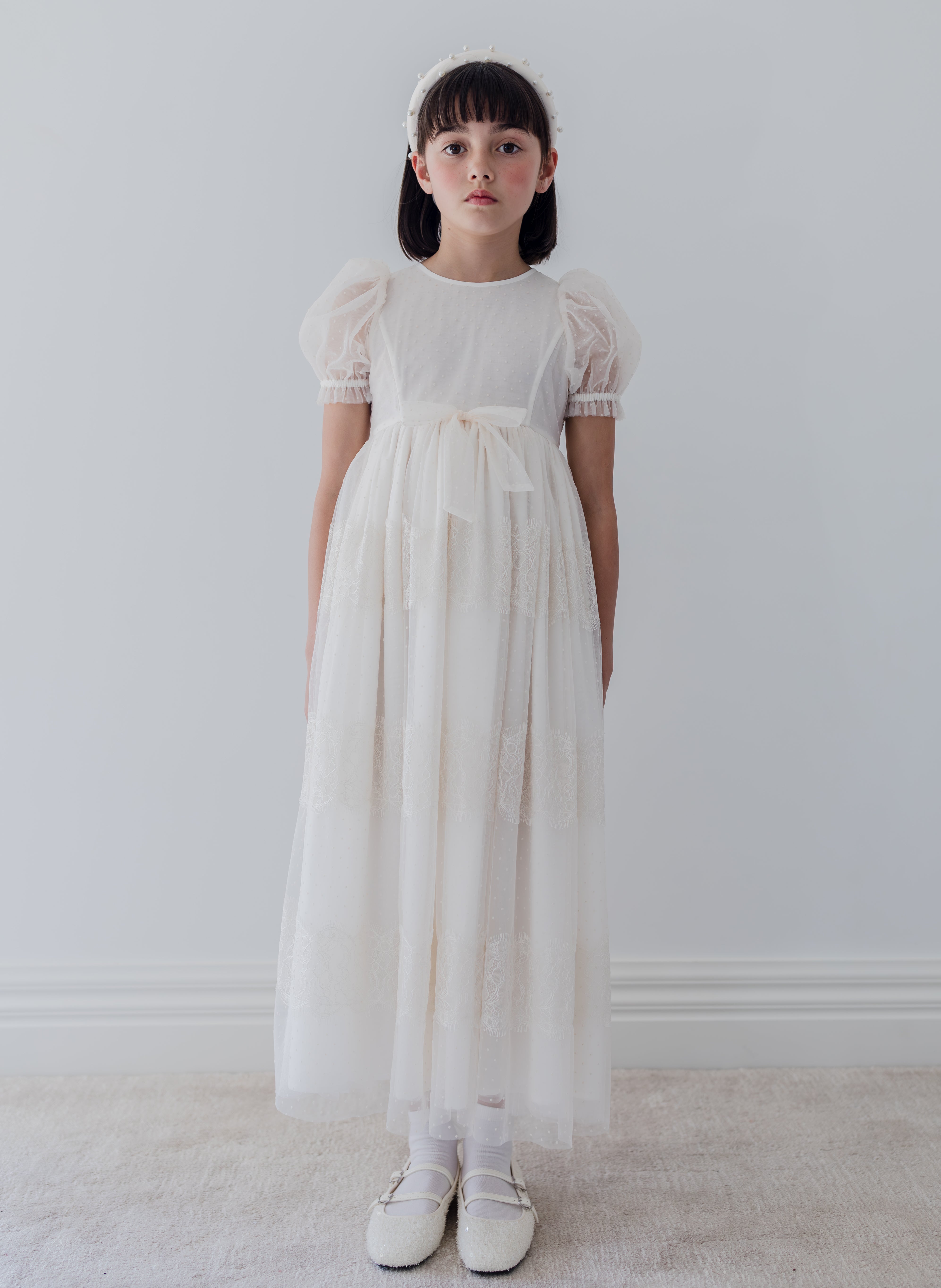 Flocked Spot Tulle Dress with French Lace