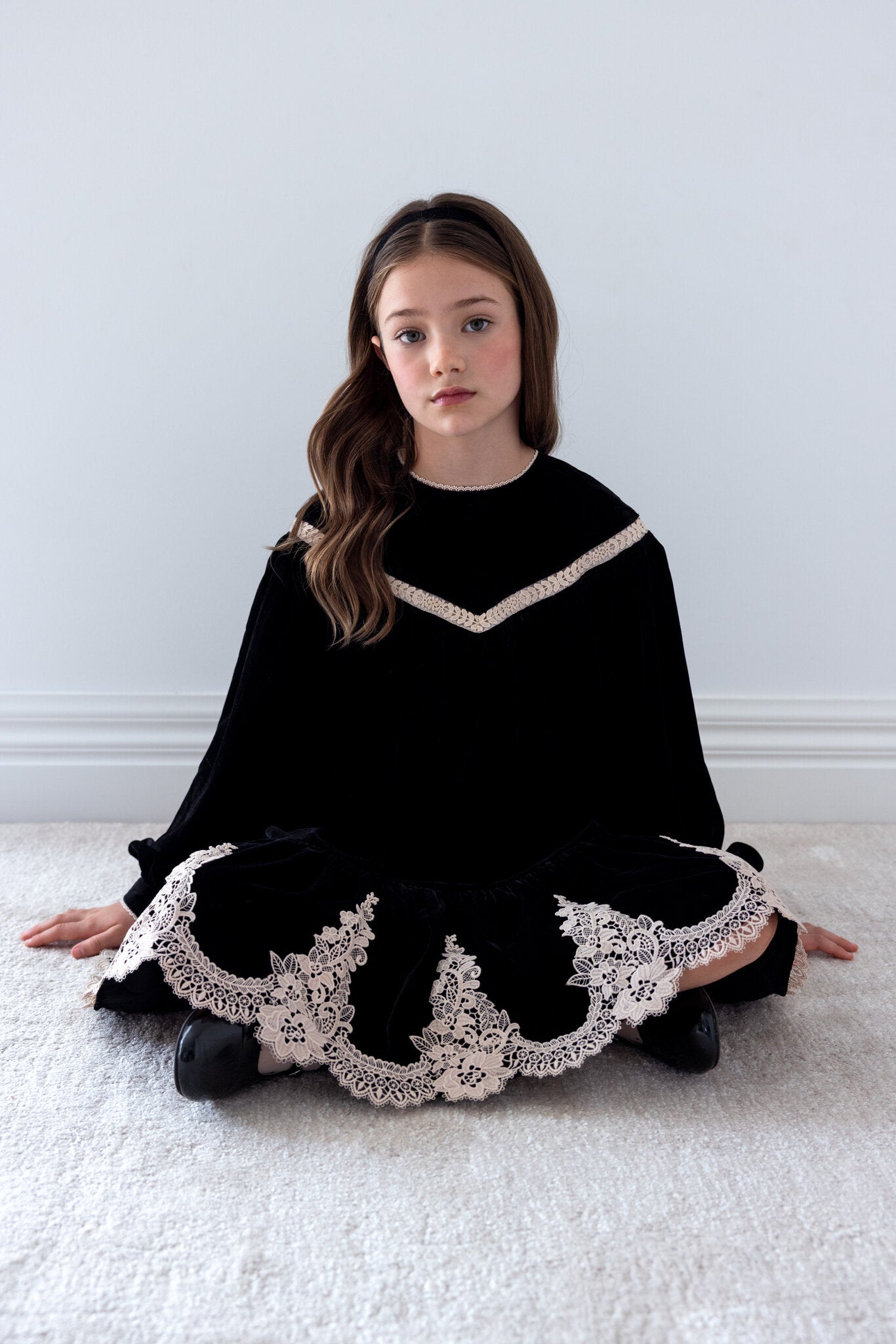Lace Hem Velvet Smock Dress