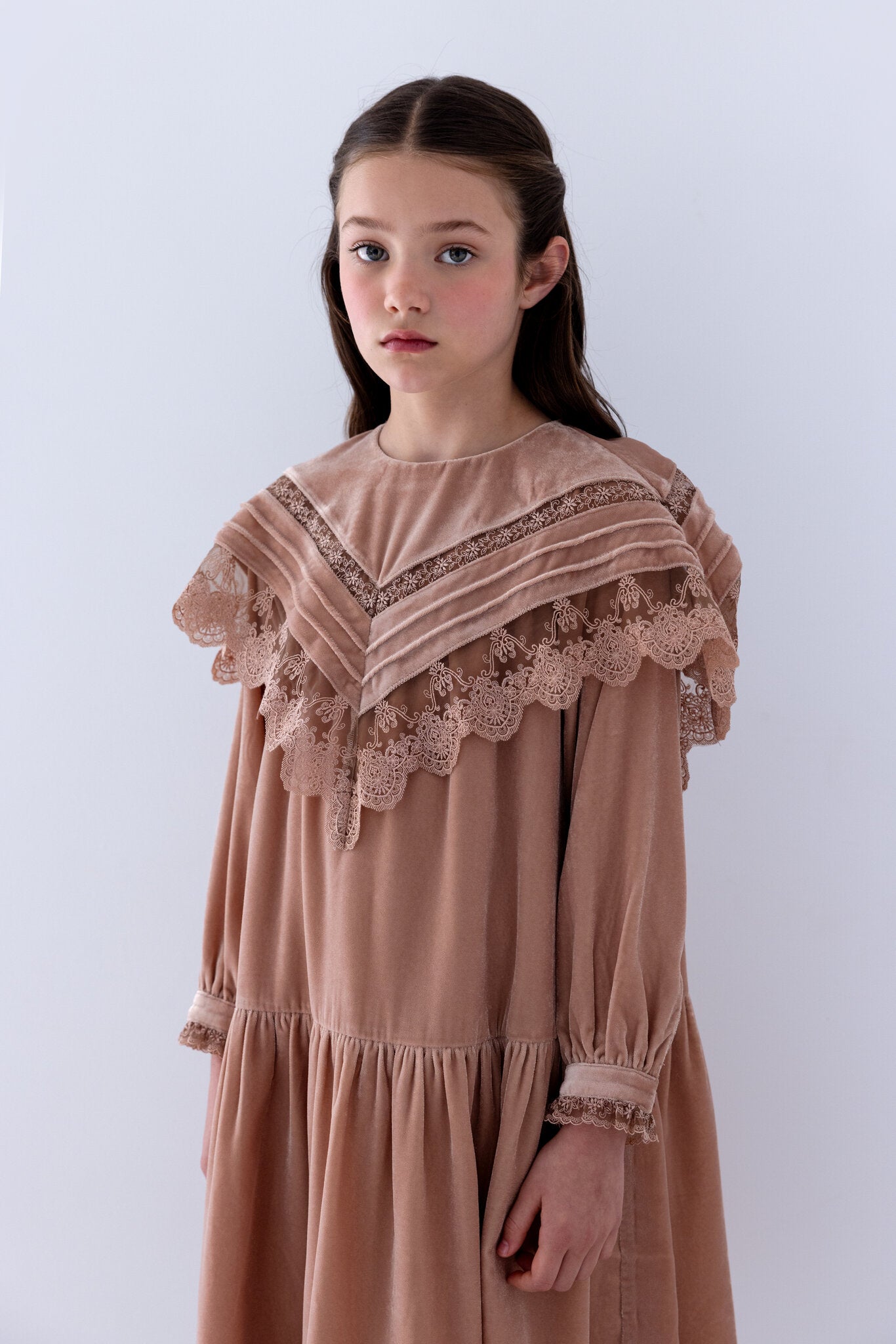 Lace Collar Velvet  Smock Dress