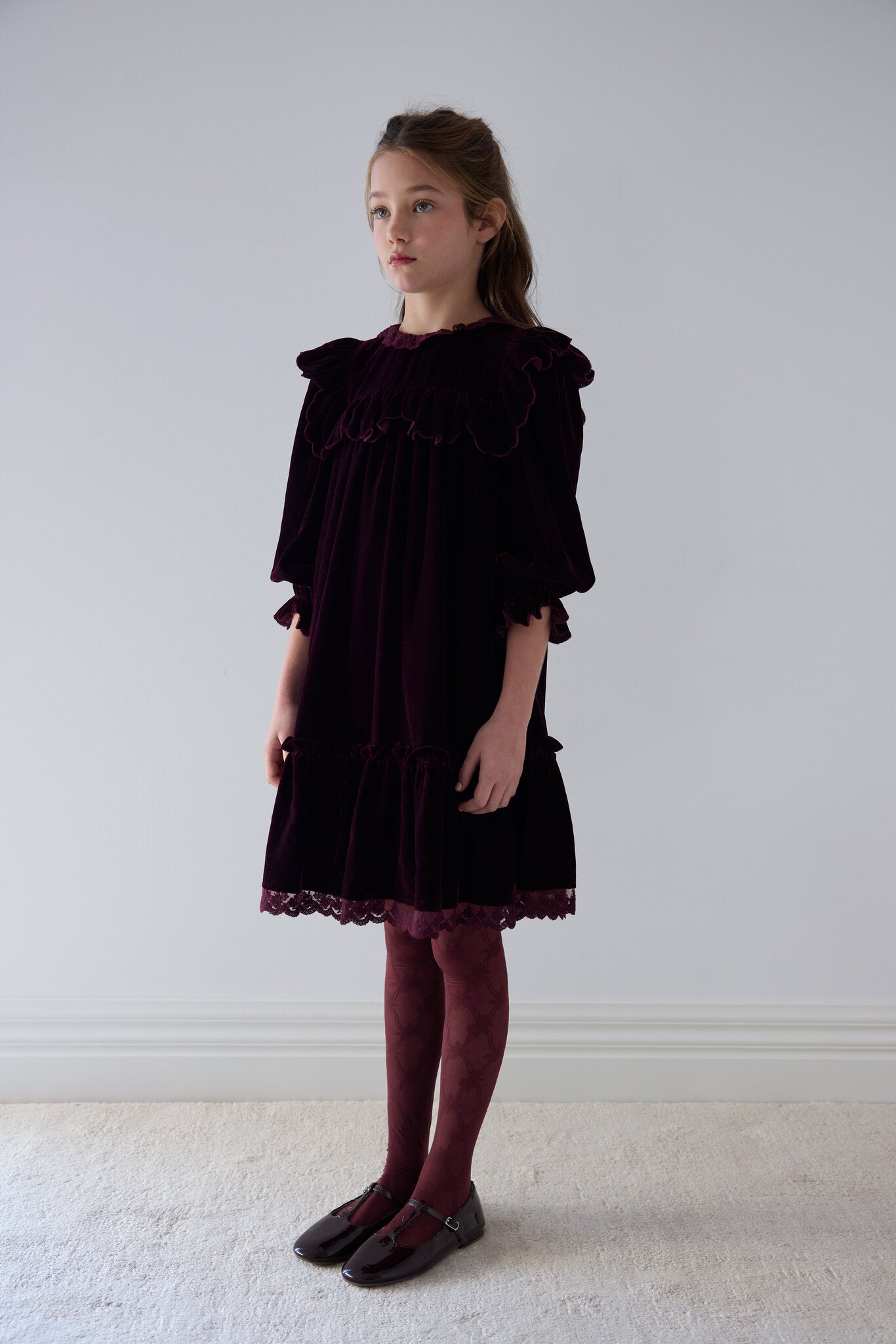Dark Cherry Lace Trim Velvet Dress