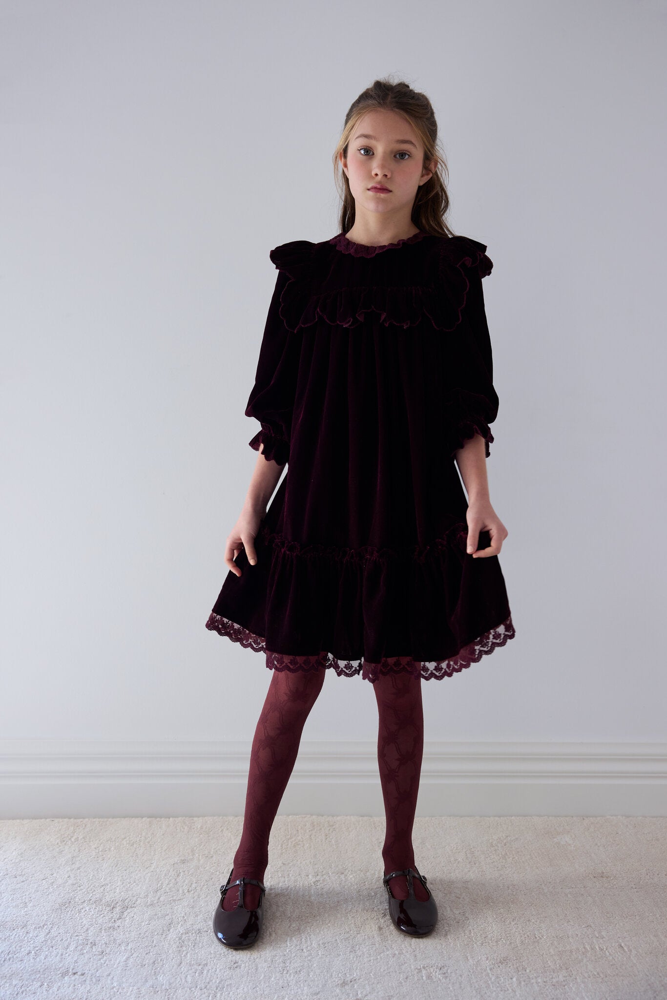 Dark Cherry Lace Trim Velvet Dress