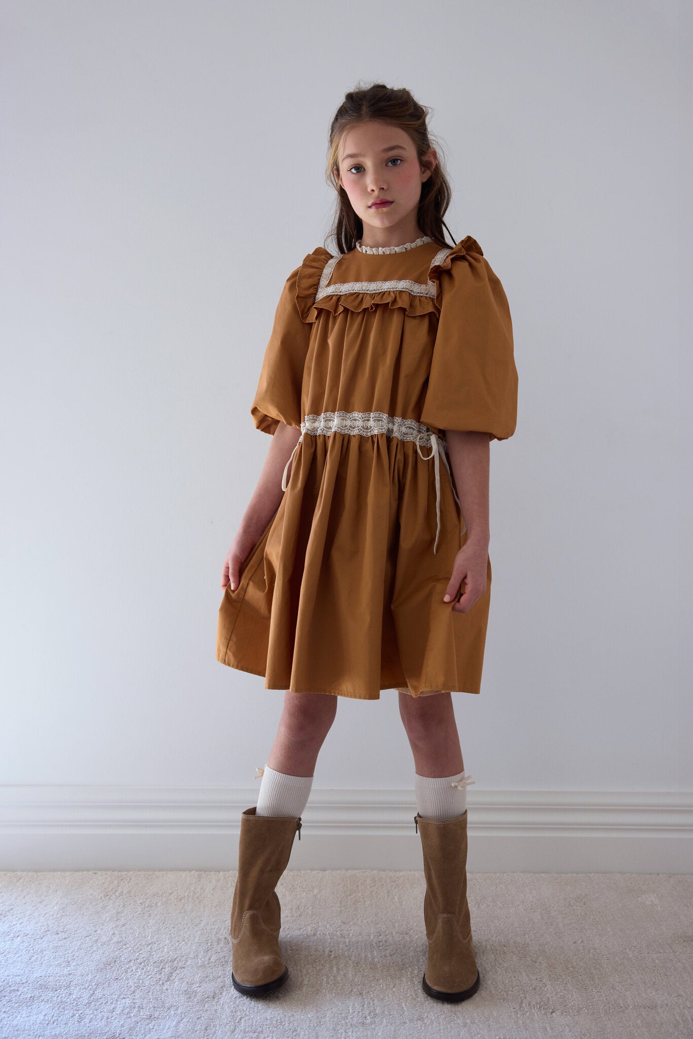 Elbow Sleeve Ribbon Lace Trim Poplin Dress