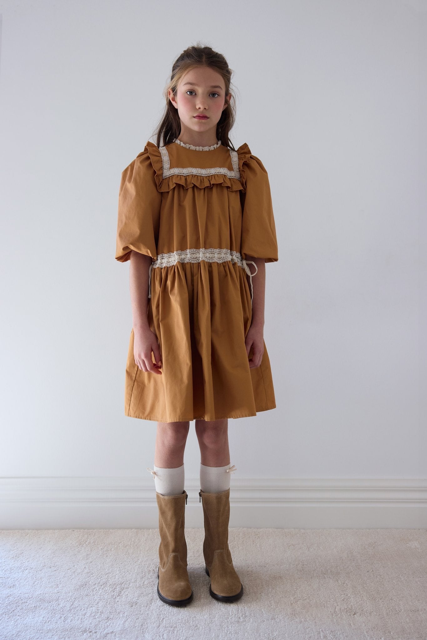Elbow Sleeve Ribbon Lace Trim Poplin Dress