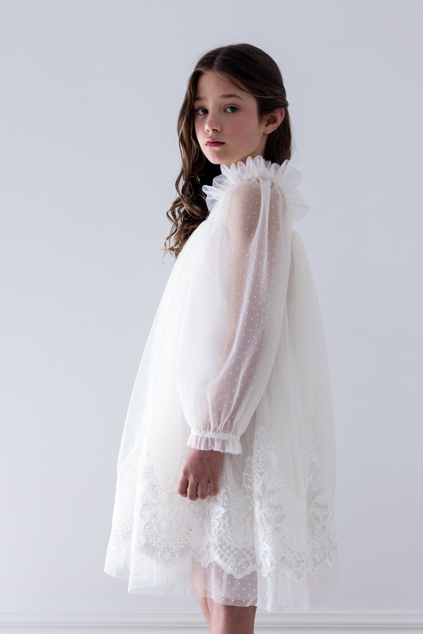 Lace Applique Hem Spot Tulle Dress