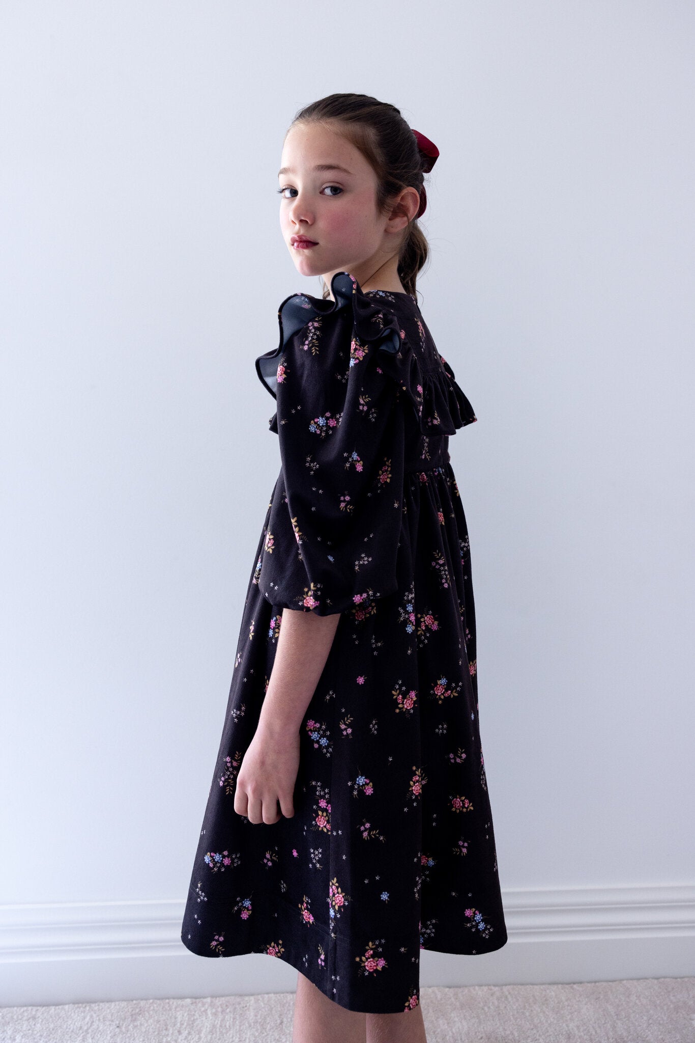 Black Ditsy Ruffle Yoke Cord Dress