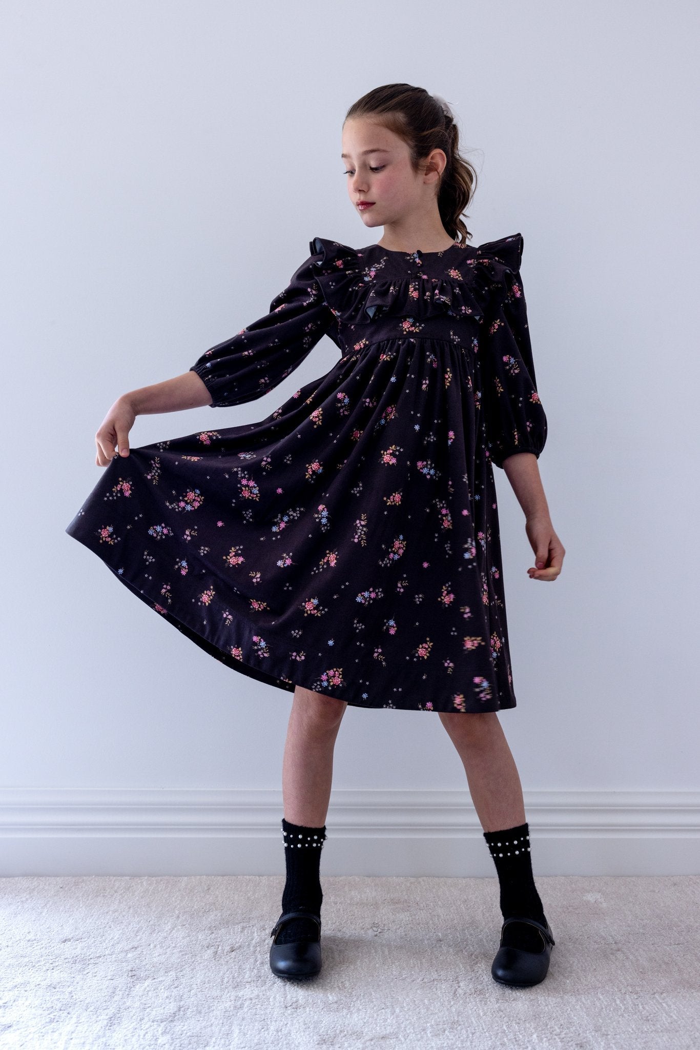 Black Ditsy Ruffle Yoke Cord Dress